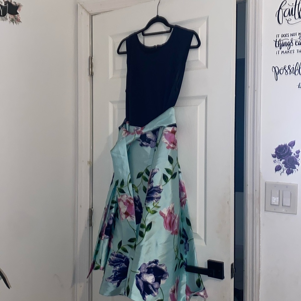 Shelby Nites aqua Floral Sleeveless High Low Fit & Flare